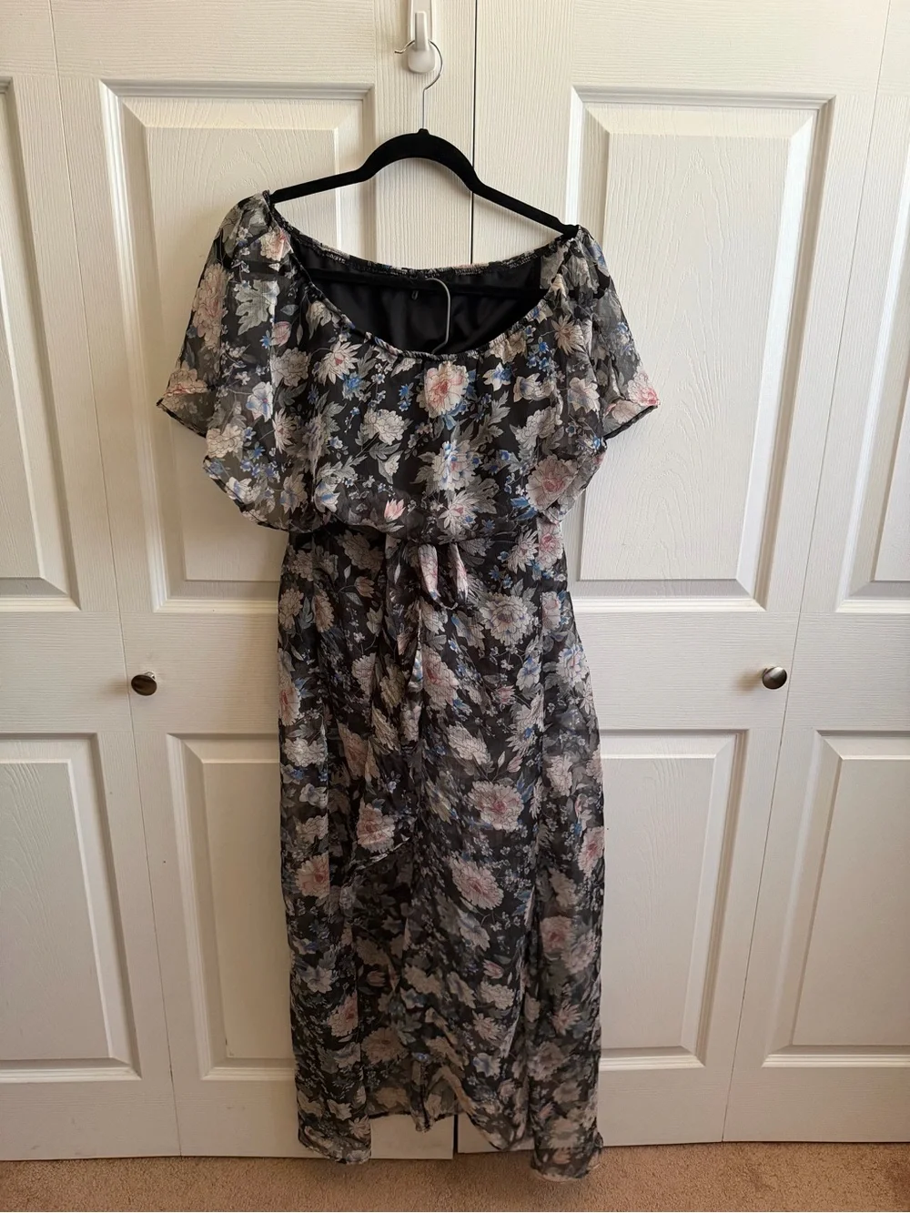 Windsor Two Piece Floral Off-Shoulder Top with Maxi Skirt in Black and Blush